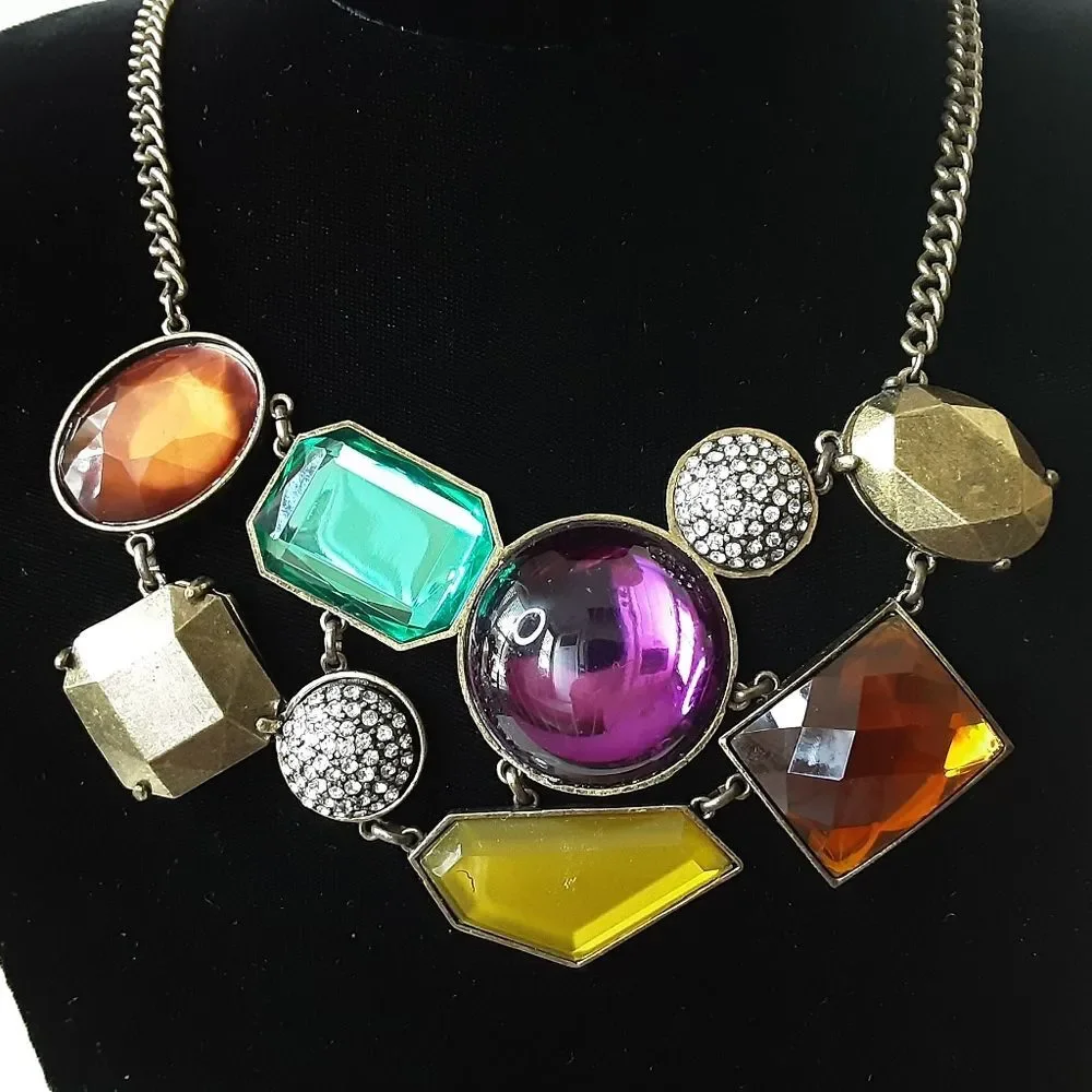 KJL Jeweltone Multicolor Lucite Cabochons|Rhinestones Statement Necklace NIB